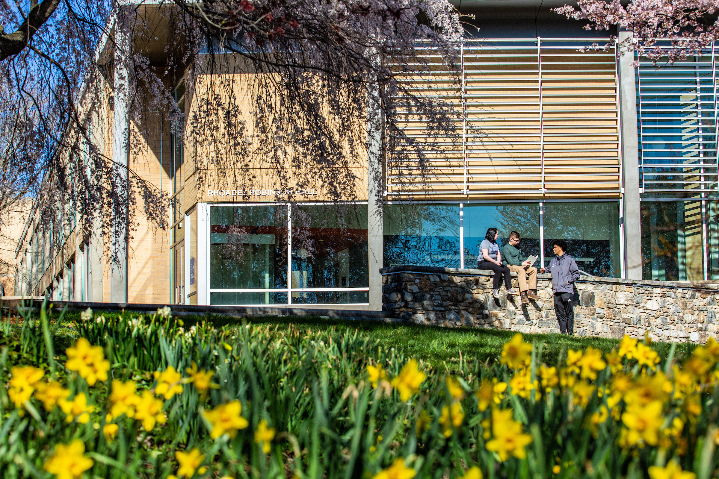 Students sitting in front of Rhoades-Robinson Hall